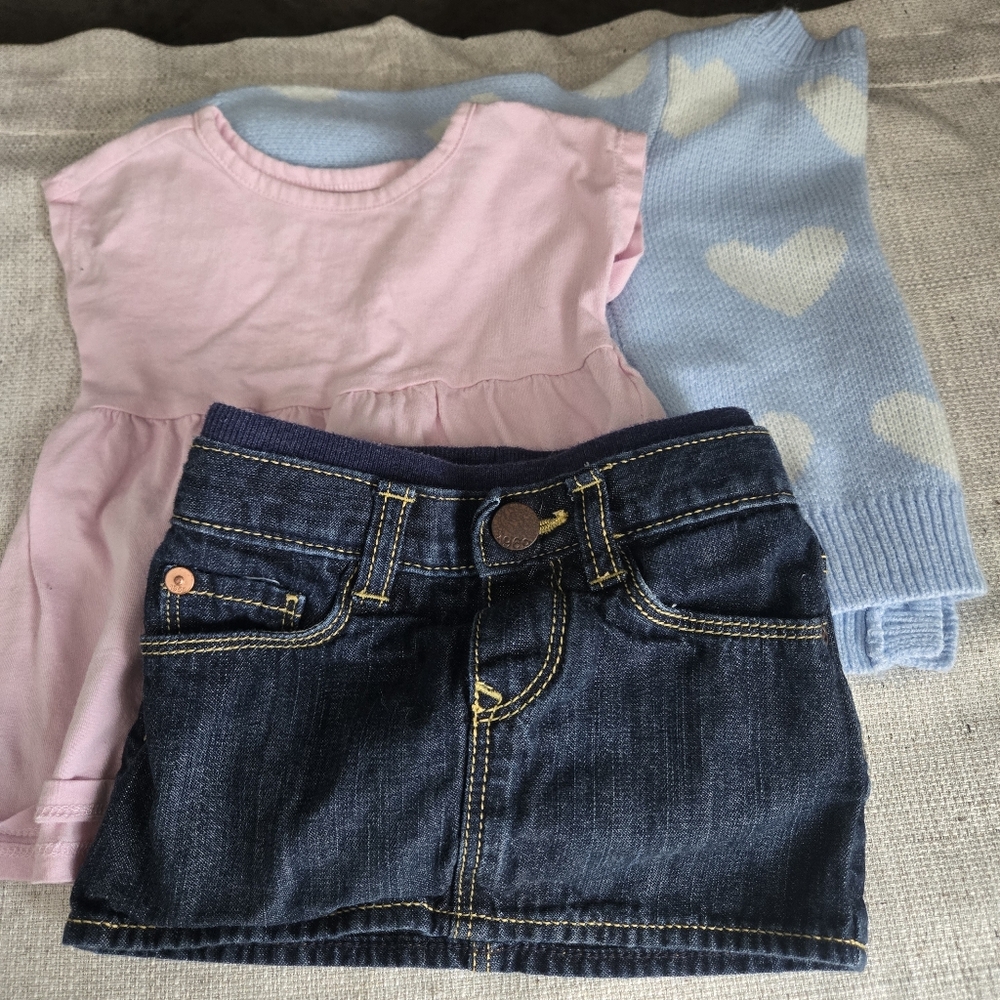 Baby Bundle - Girls Denim Baby Gap Skirt with Pink Top & Blue Heart Sweater Set